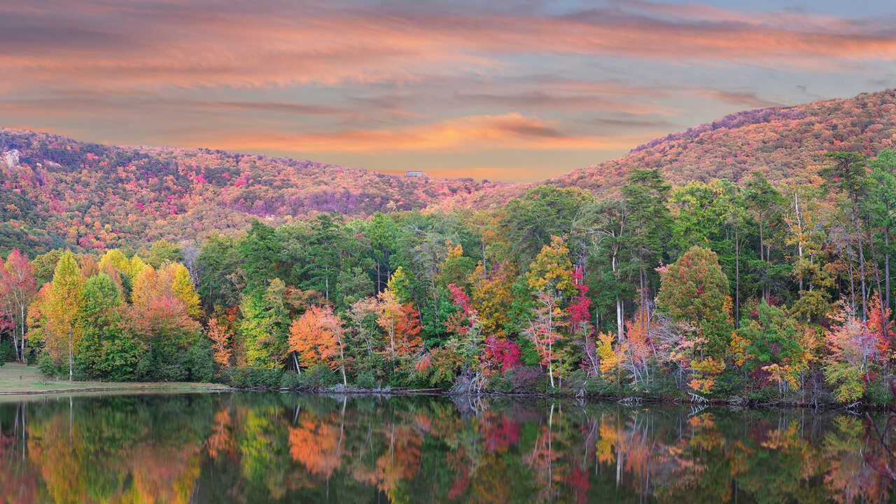 Beautiful autumn sunset over a lake in the southeastern US