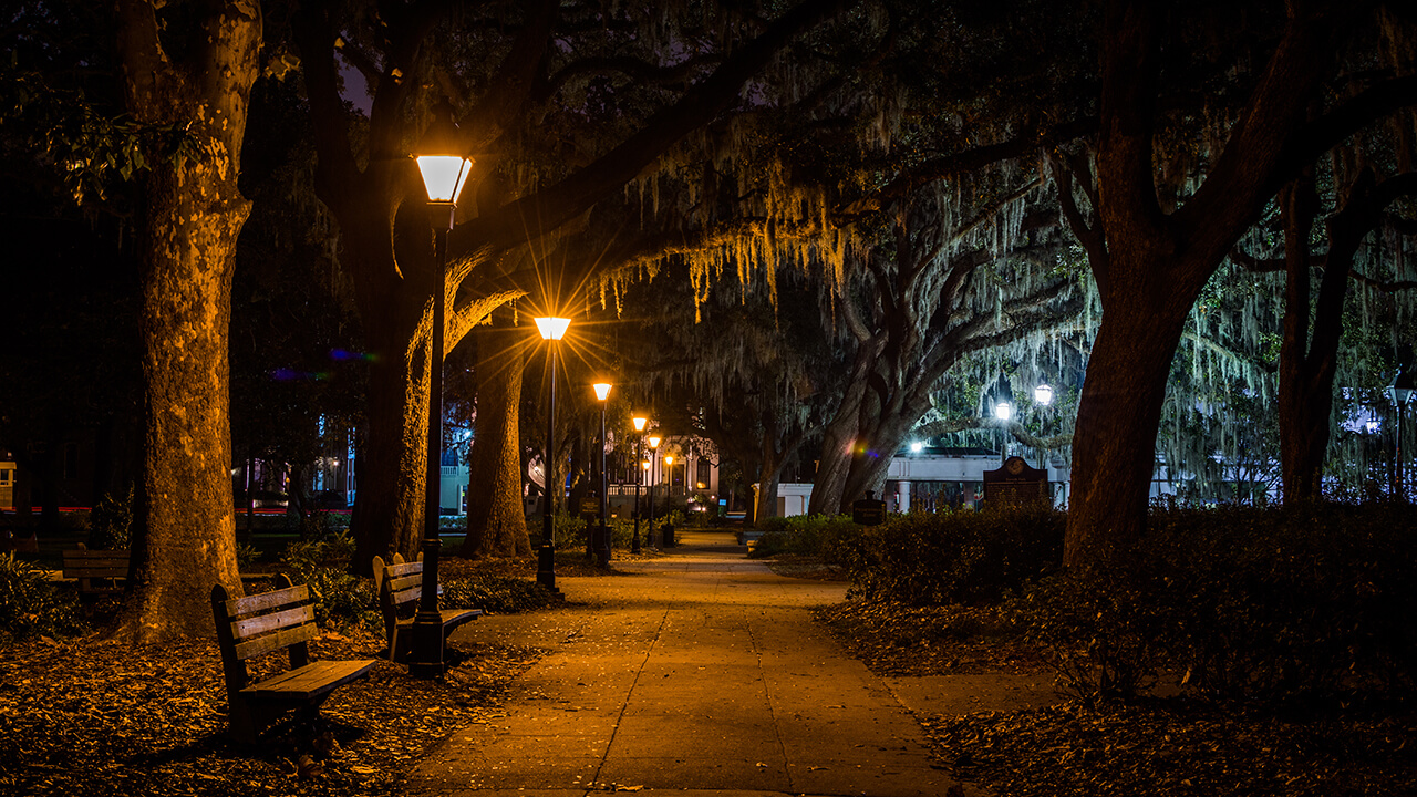 Nighttime on a street in downtown Savannah, Georgia