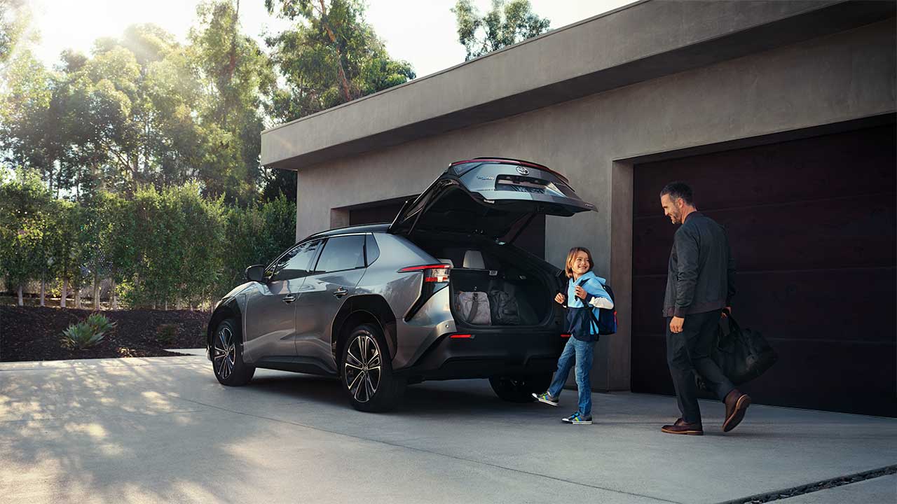 2023 bz4x-Father and son loading items into the trunk space