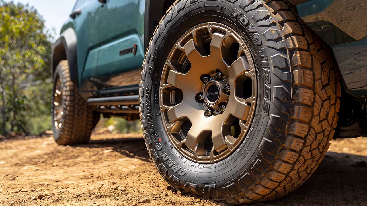 Closeup of a 2025 Toyota 4Runner TrailHunter front tire and rim