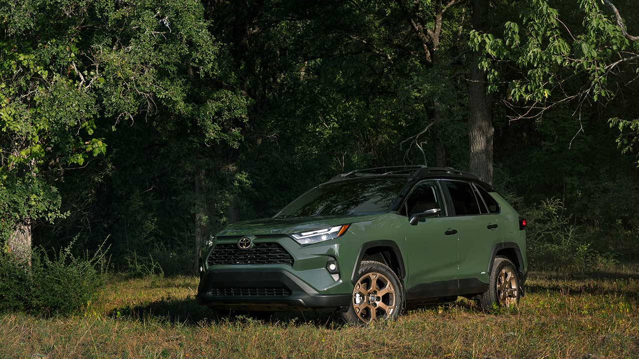 2025 Army Green Toyota RAV4 on the edge of a forest
