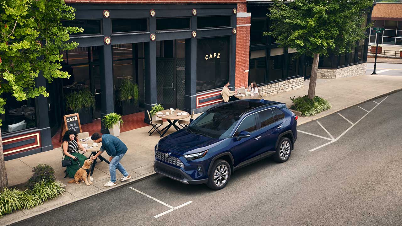 2025 Blue Toyota RAV4 in front of a cafe with the driver petting a dog