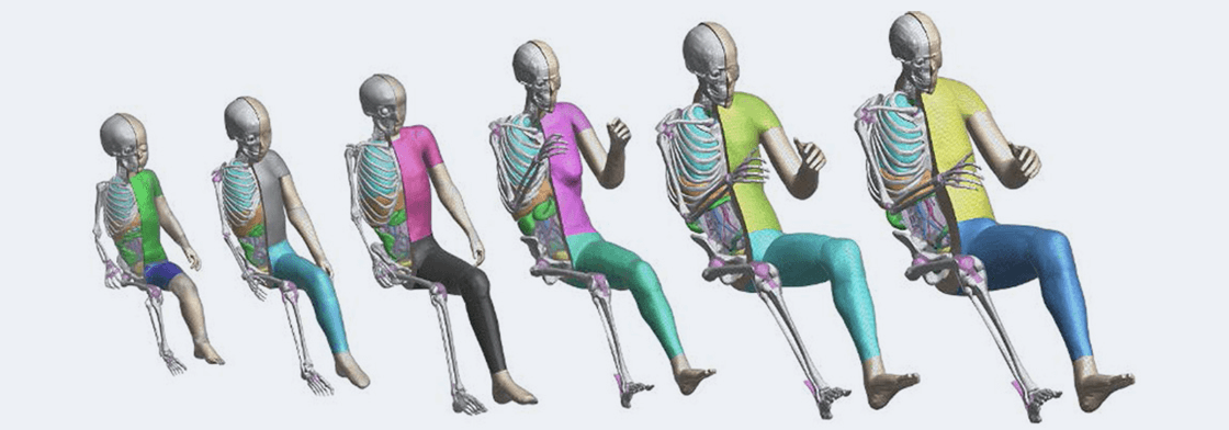 Six human computer models sit side-by-side, ranging from children to women to men. 