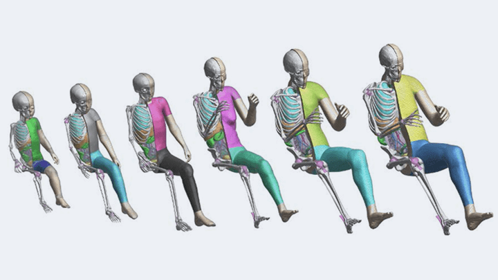 Six human computer models sit side-by-side, ranging from children to women to men. 