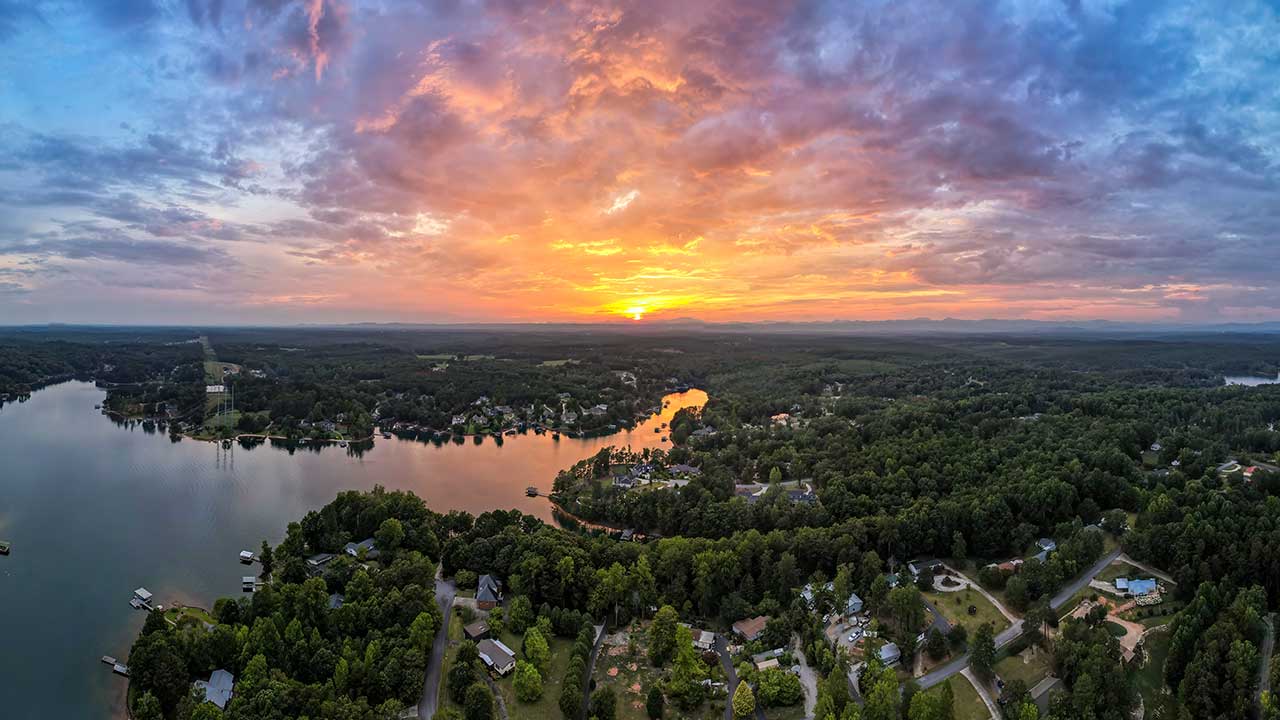 Sunset at Lake Keowee , Aerial Panorama - Seneca, South Carolina