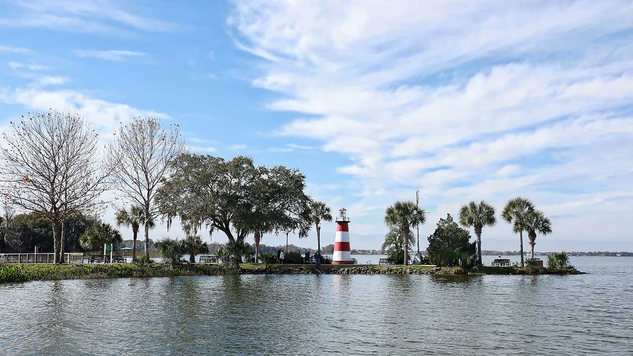 Dramatic skies over Mount Dora's Lighthouse, located at the Port of Mount Dora in Grantham Point Park, Florida, USA.